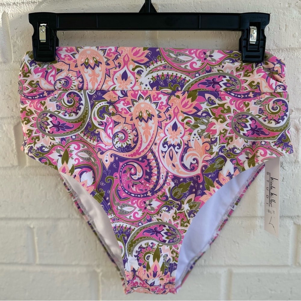 NWT Nicole Miller Pink, Purple, Green, White Paisley Print Bikini Bottom Size L